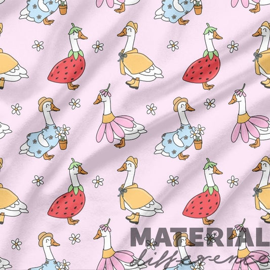 Pattern of cartoon goose in colorful dresses on a pink background with 'MATERIAL DIFFERENCE' text.