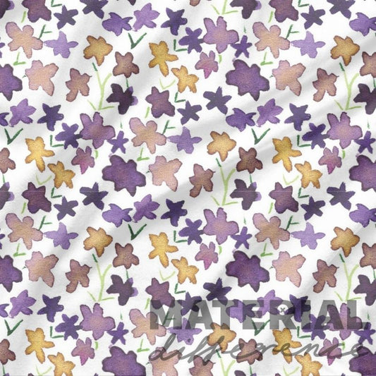 Pattern of purple and orange flowers on a white background with 'material Difference' text overlay.