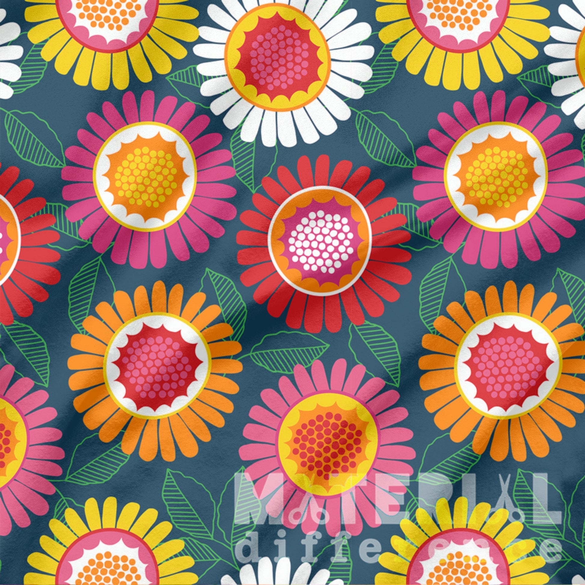 Colorful pink, red, red, white floral pattern on a blue background
