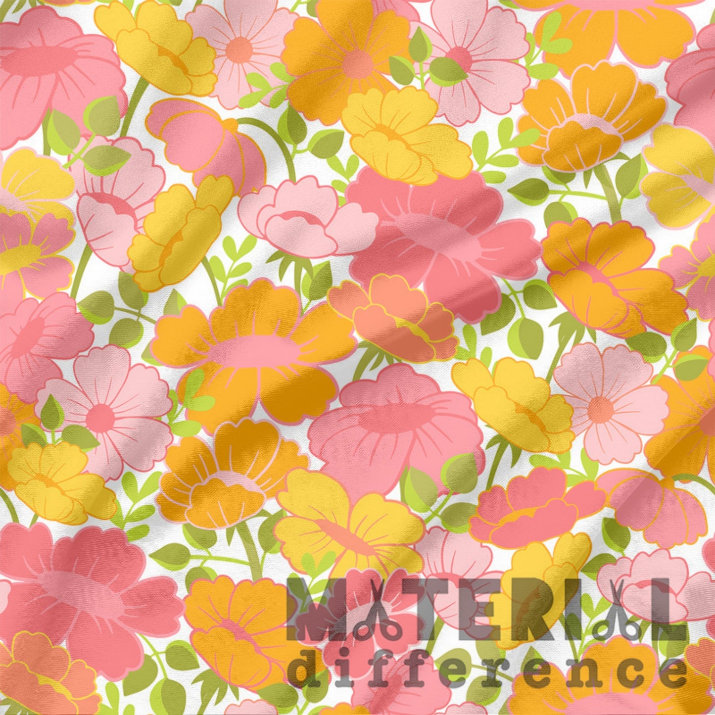 Floral pattern with pink, yellow, and orange flowers on a white background with 'Material Difference' text.