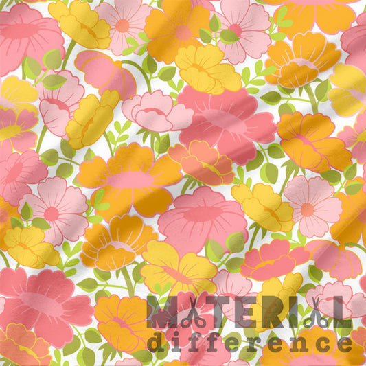 Floral pattern with pink, yellow, and orange flowers on a white background with 'Material Difference' text.