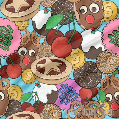 Colorful pattern of pies, cherries, and coins on a blue background