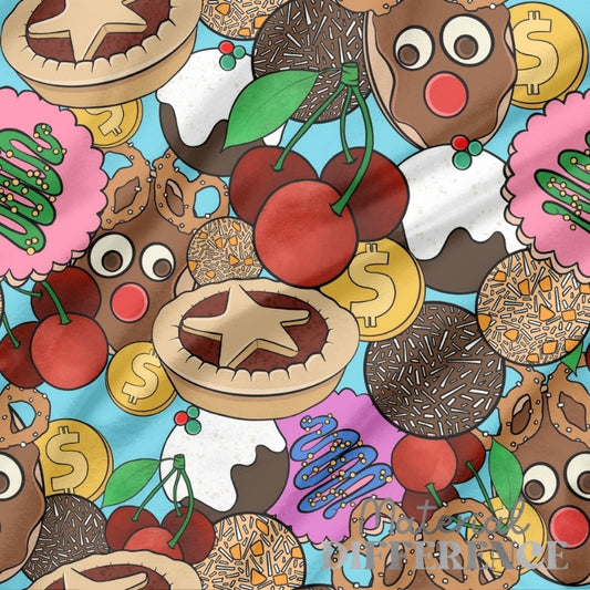 Colorful pattern of pies, cherries, and coins on a blue background