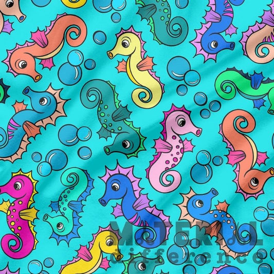 Colorful pattern of seahorses and bubbles on a blue background