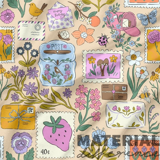 Colorful illustration of a postbox, stamps, flowers, and other postal-themed elements on a beige background.