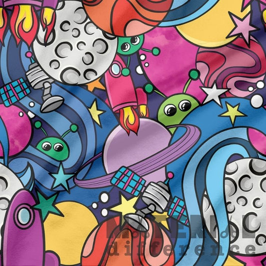 Colorful space-themed pattern with planets, stars, and alien characters.