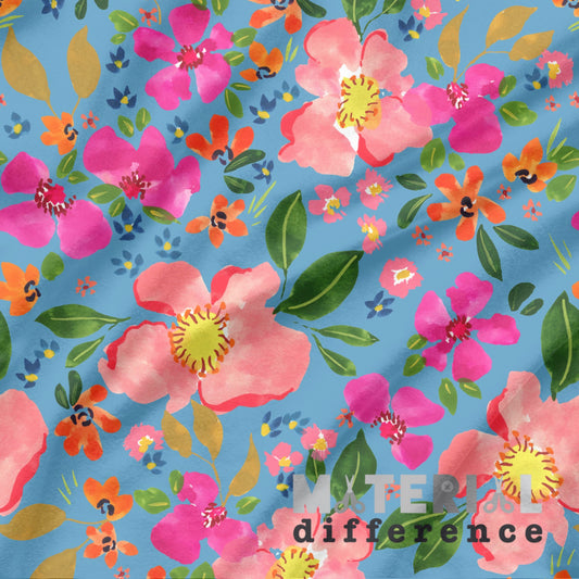 Colorful floral pattern with 'Material Difference' branding on a blue background