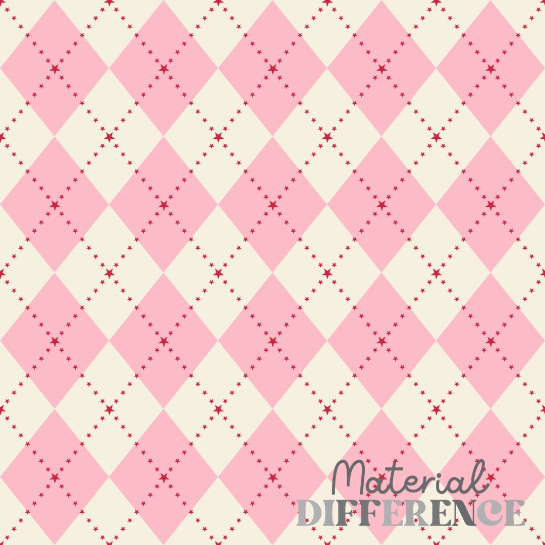 A repeating argyle-style diamond pattern in light pink, cream, and dark red, with the words 'Material DIFFERENCE' in the lower right corner.