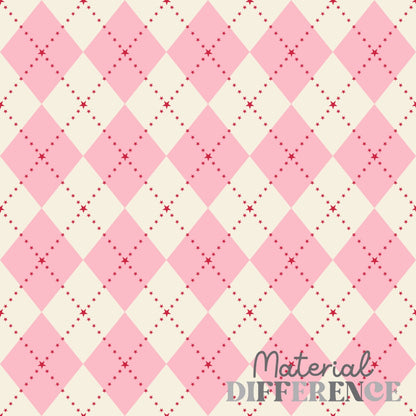A repeating argyle-style diamond pattern in light pink, cream, and dark red, with the words 'Material DIFFERENCE' in the lower right corner.