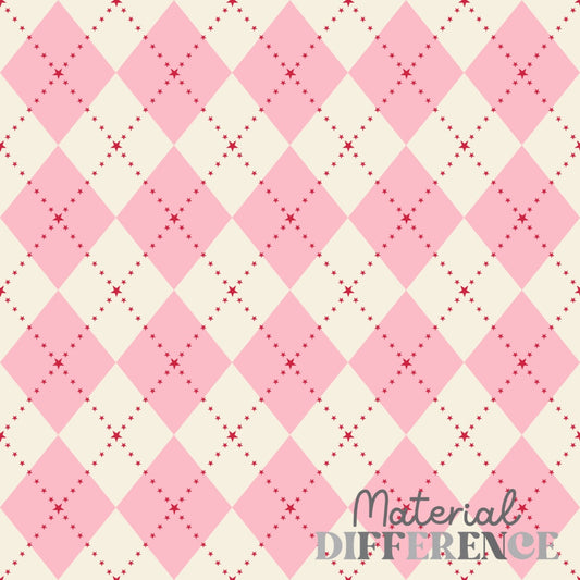 A repeating argyle-style diamond pattern in light pink, cream, and dark red, with the words 'Material DIFFERENCE' in the lower right corner.