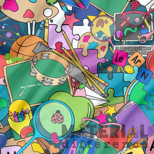 Colorful collage of educational items and objects with a school theme.