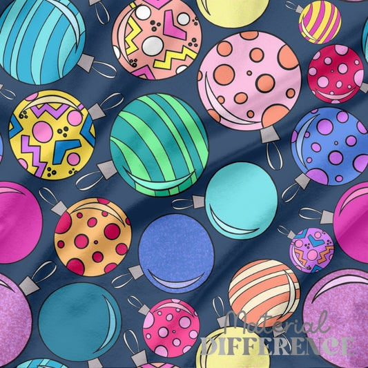 Colorful pattern of Christmas ornaments on a dark blue background