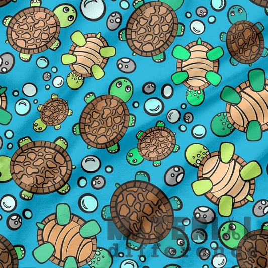 Pattern of cartoon turtles on a blue background with bubbles.