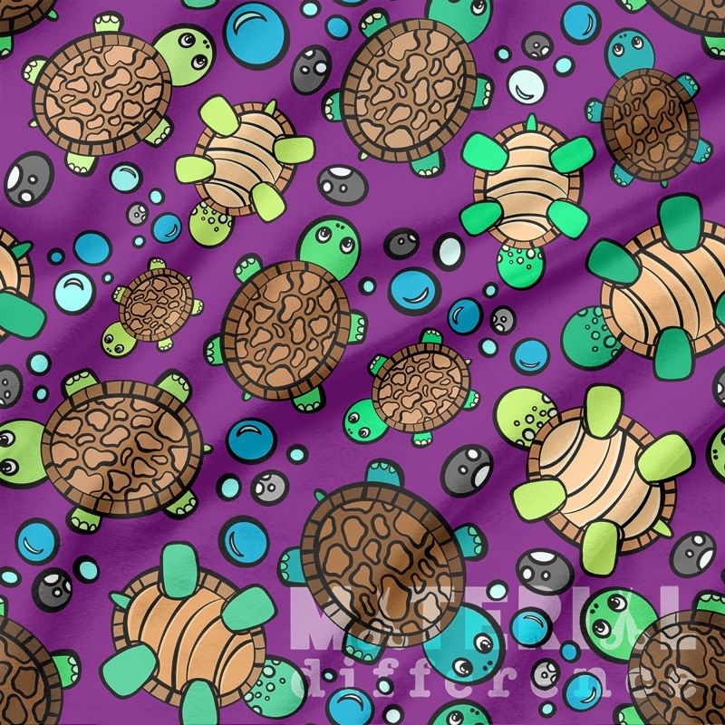 Pattern of cartoon turtles on a purple background