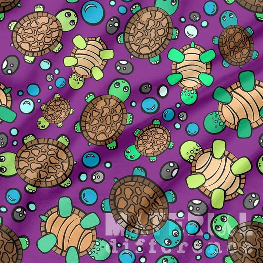 Pattern of cartoon turtles on a purple background