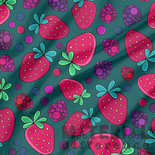 Colorful pattern of strawberries and raspberries on a teal background