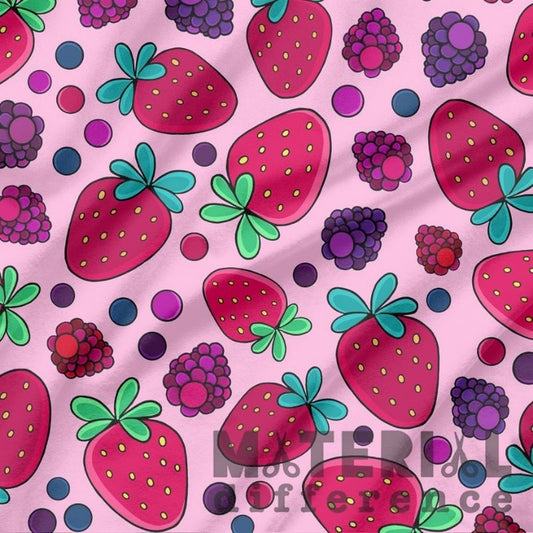 Pattern of strawberries and raspberries on a pink background with 'Materiel Difference branding.