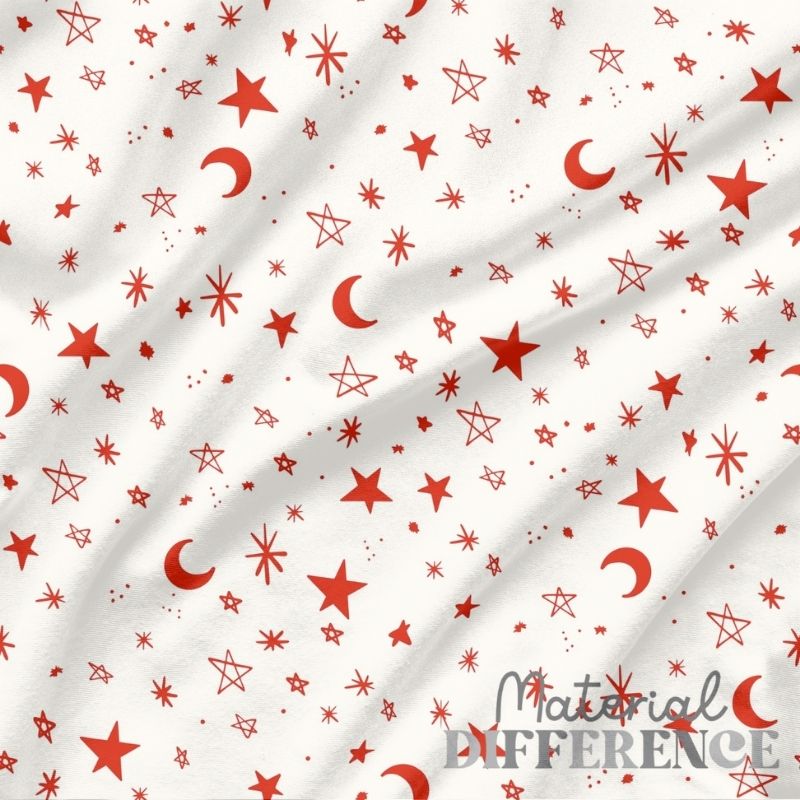 Red star and moon pattern on white fabric with 'Material Difference' branding.