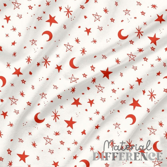 Red star and moon pattern on white fabric with 'Material Difference' branding.