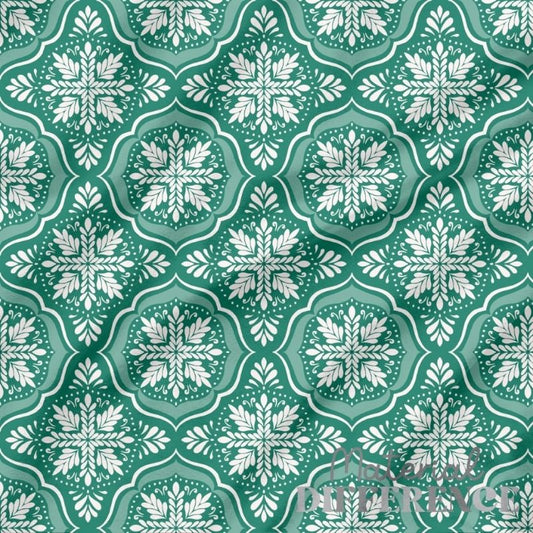 Pattern of white snowflakes on a green geometric background
