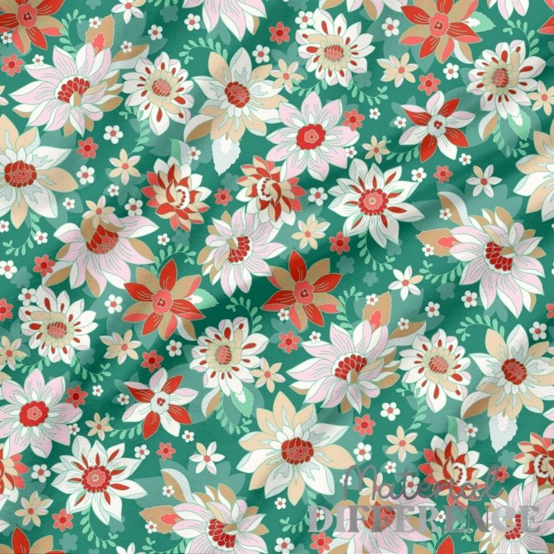 Floral pattern with red, white, and pink flowers on a green background