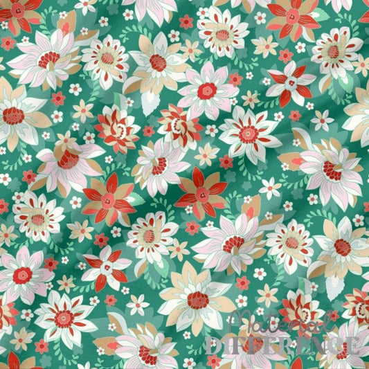 Floral pattern with red, white, and pink flowers on a green background