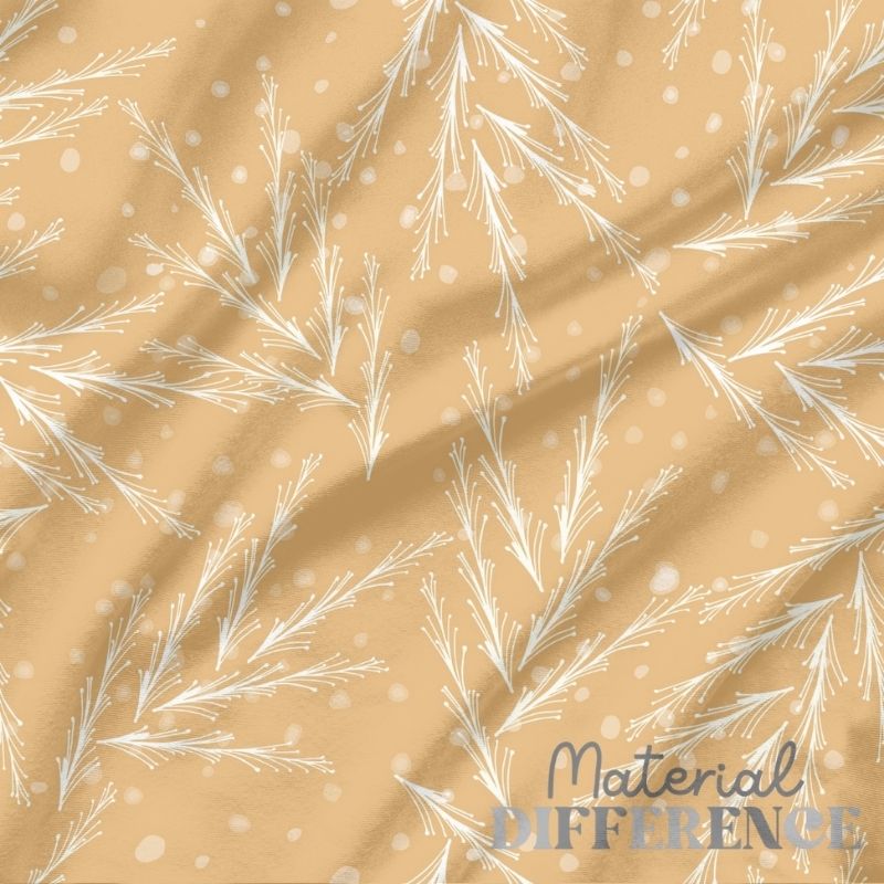 Fabric with white floral pattern on a beige background, featuring 'Material Difference' branding.