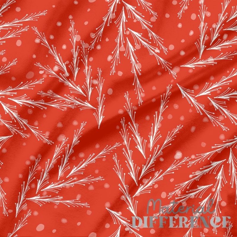 Red fabric with white floral pattern and 'Material Difference' branding