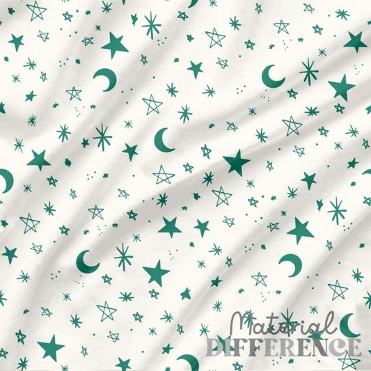 Teal stars and crescent moons pattern on a white background with 'Material Difference' branding.