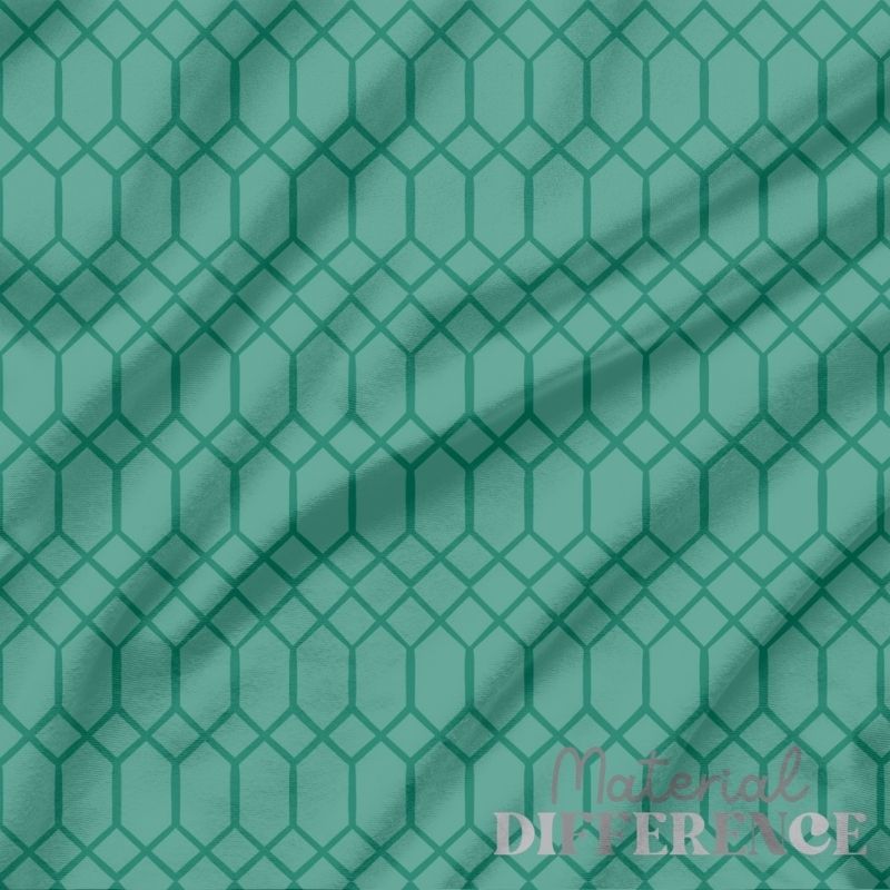 Teal fabric with geometric pattern and 'Material Difference' branding.
