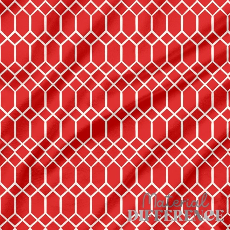 Red fabric with a white geometric lattice pattern and 'Material Difference' branding.