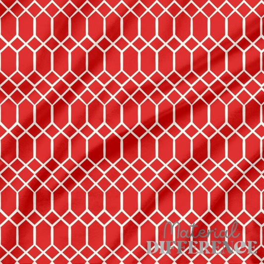 Red fabric with a white geometric lattice pattern and 'Material Difference' branding.