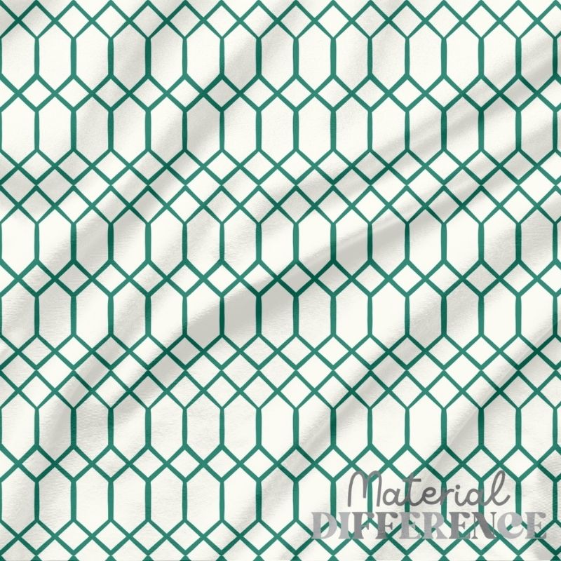 Geometric pattern with green lines on a white background, featuring the brand 'Material Difference'.