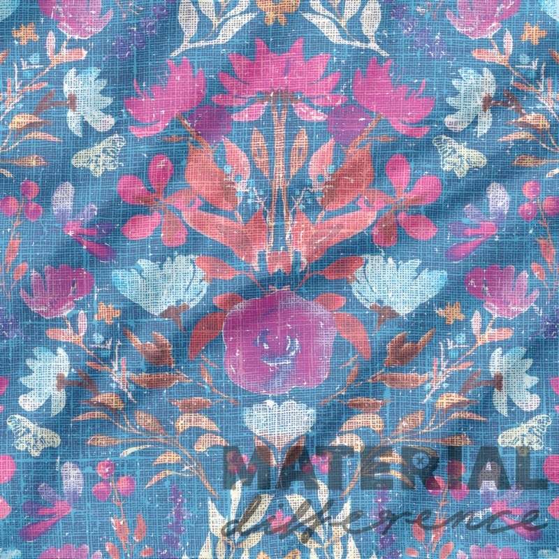 Floral patterned fabric with 'Material Difference' branding on a blue background