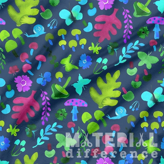Colorful pattern of leaves, flowers, and mushrooms on a dark blue background with 'Material Difference' branding.