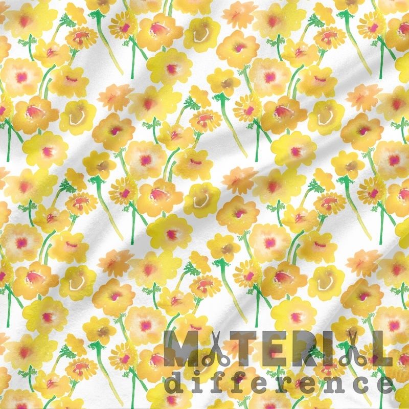 Pattern of yellow flowers with 'Material Difference' text on a white background