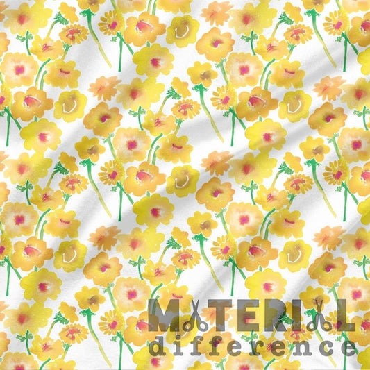 Pattern of yellow flowers with 'Material Difference' text on a white background